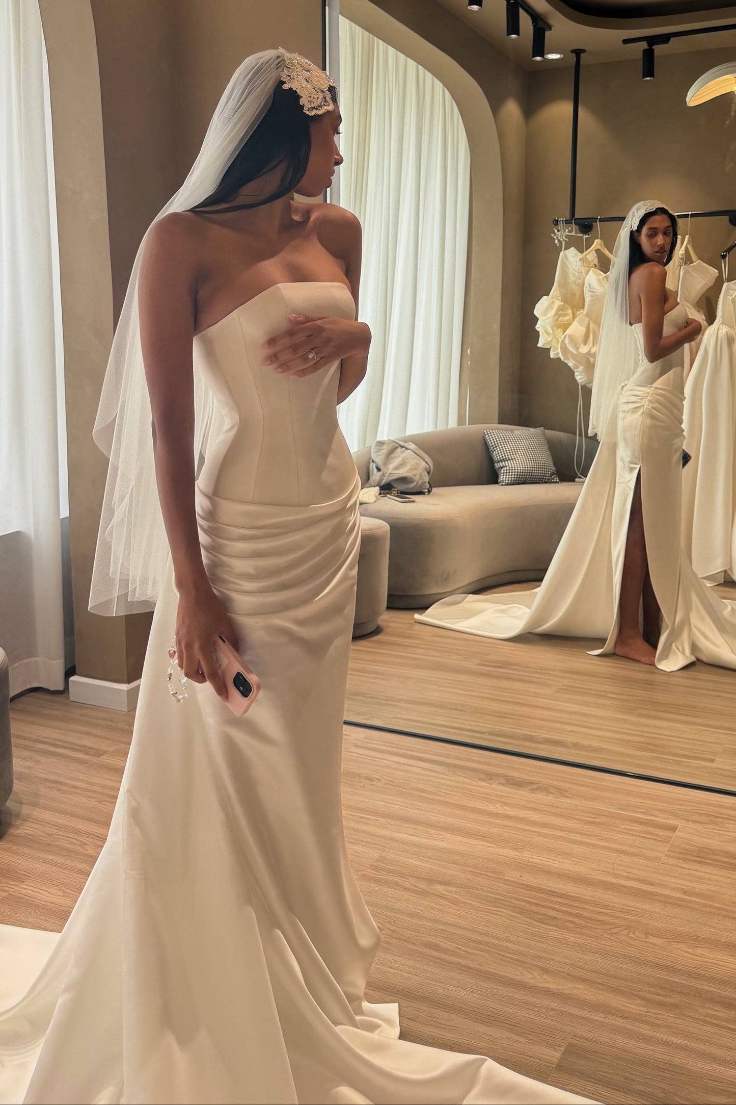 Strapless Ruched Corset Wedding Dress with Slit