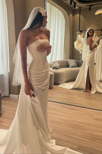 Strapless Ruched Corset Wedding Dress with Slit