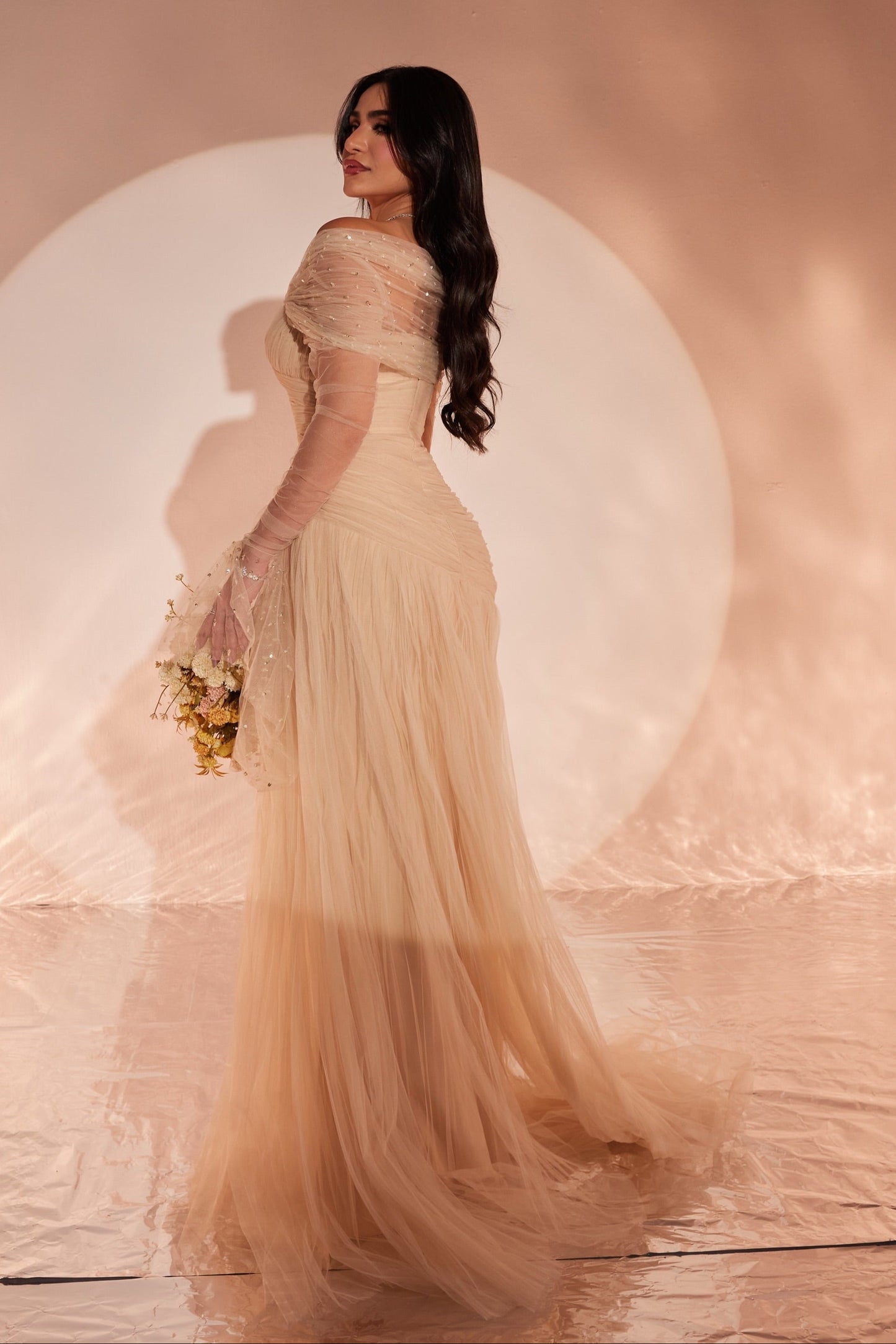 Off-the-Shoulder Ruched Tulle Evening Gown