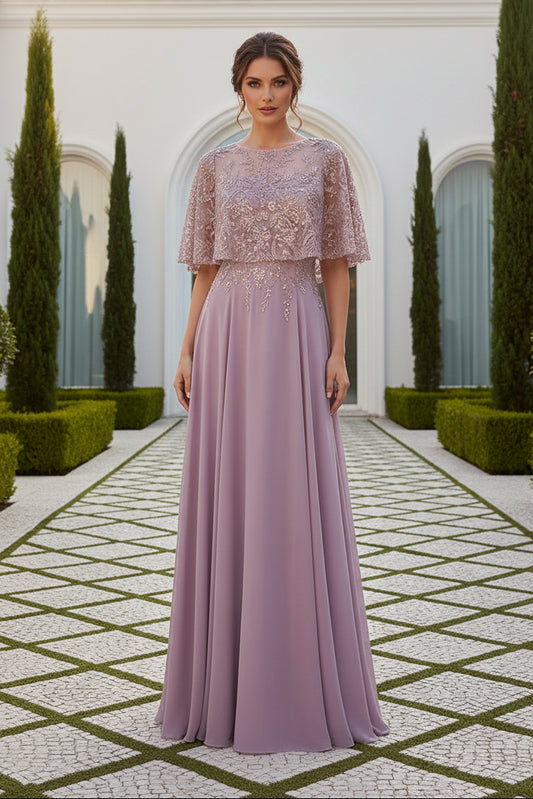 Beaded Illusion Cape Sleeve A-Line Evening Gown