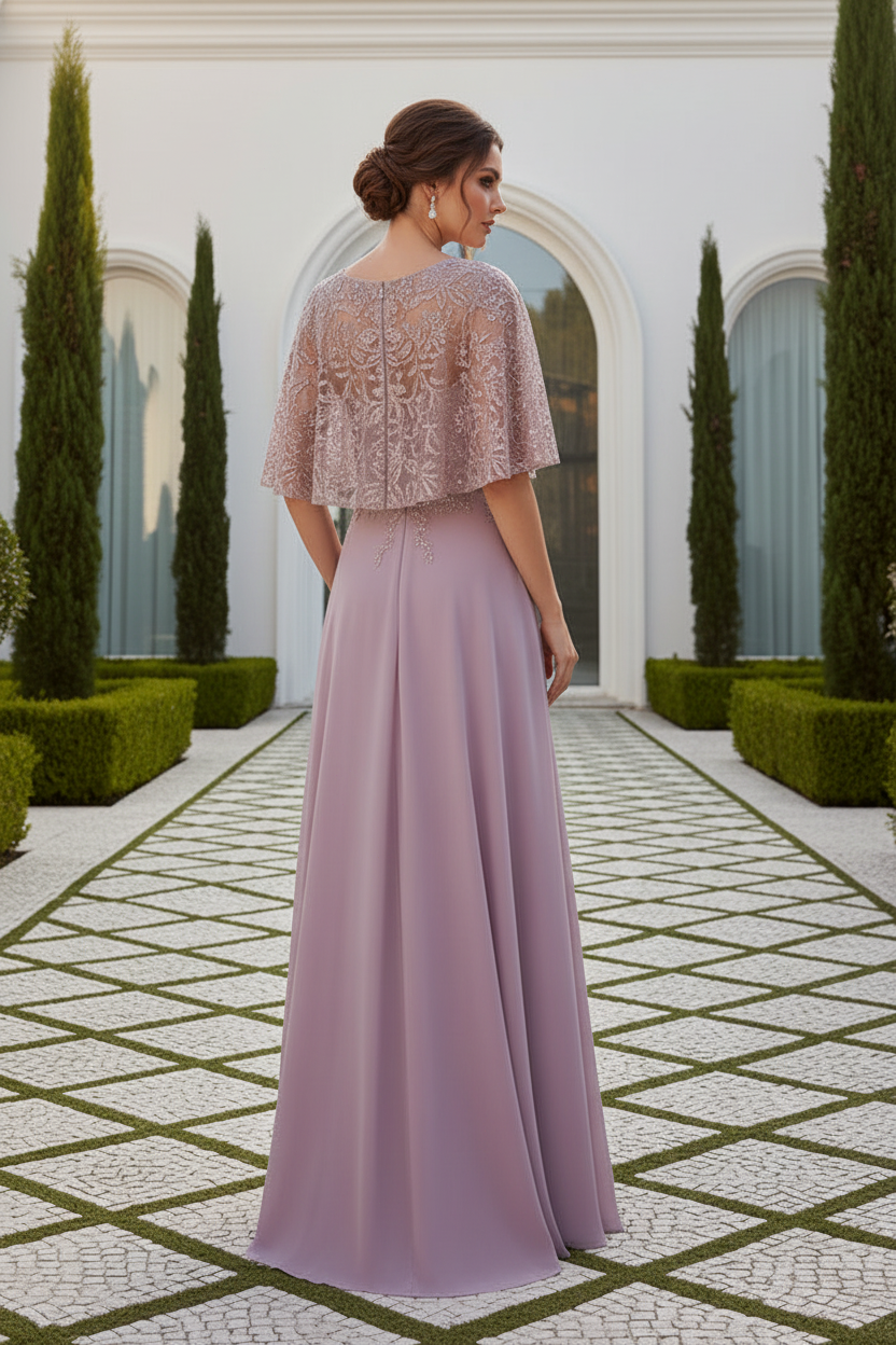 Beaded Illusion Cape Sleeve A-Line Evening Gown