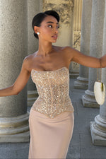 Strapless Beaded Corset Satin Evening Gown