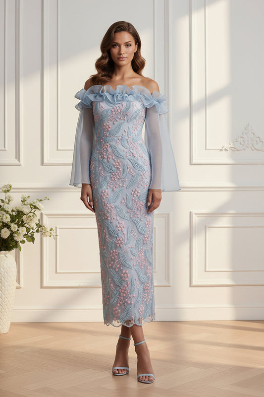 Off-the-Shoulder Bell Sleeve Embroidered Midi Dress