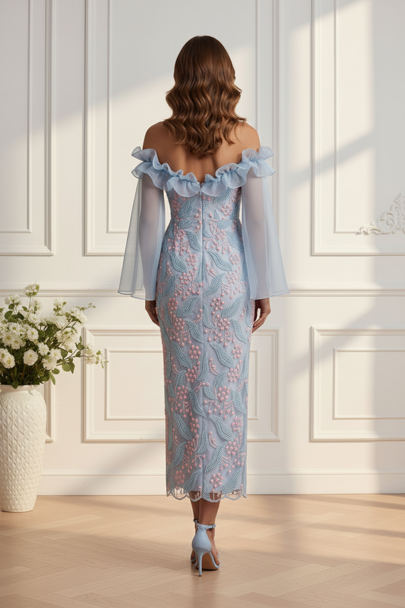 Off-the-Shoulder Bell Sleeve Embroidered Midi Dress