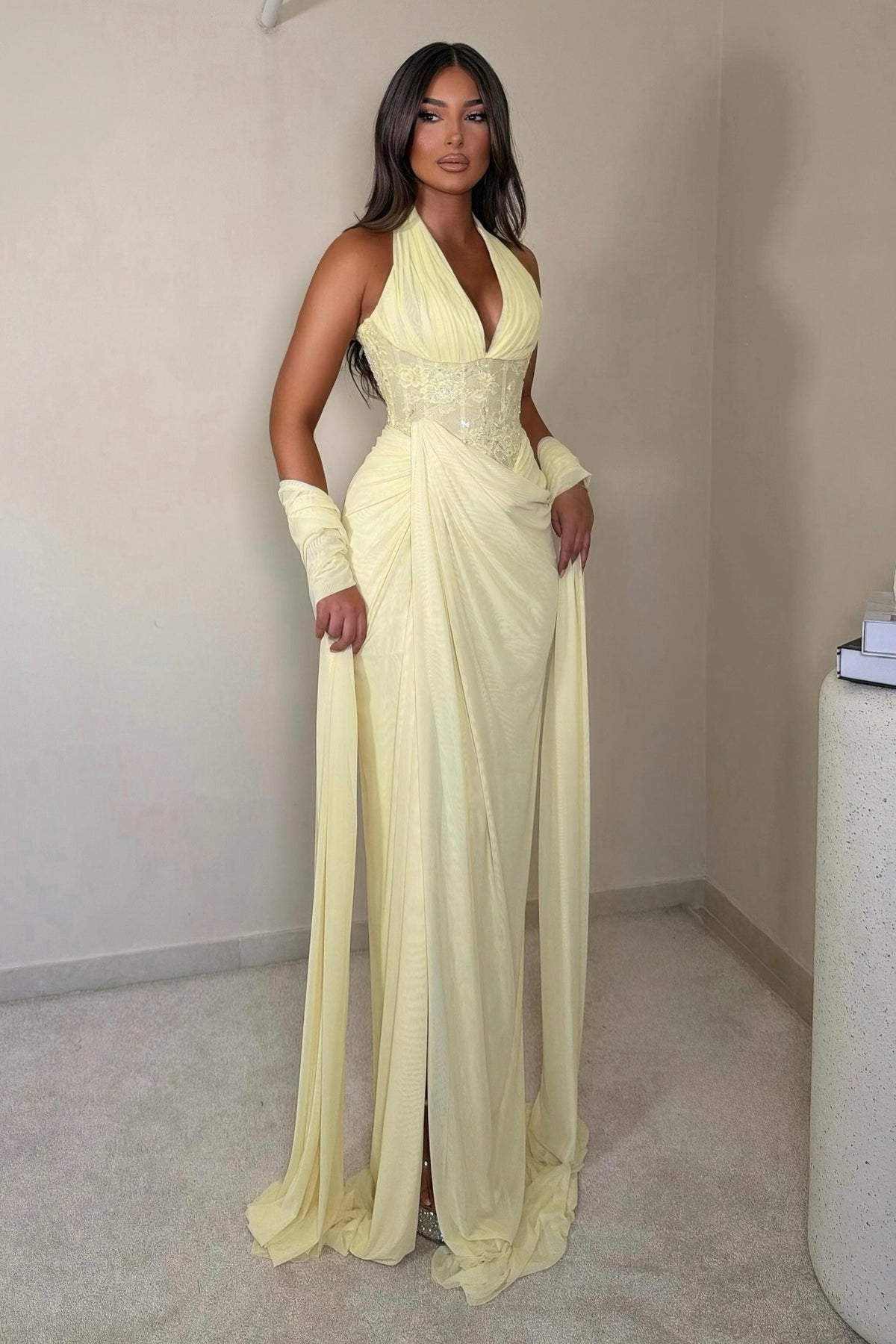 Halter Corset Gown with Draped Slit Skirt