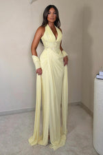 Halter Corset Gown with Draped Slit Skirt