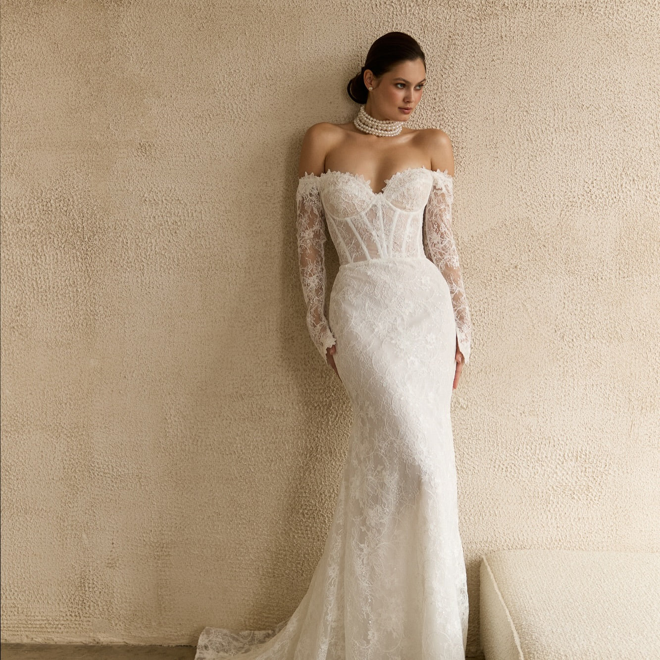 Off-the-Shoulder Lace Mermaid Dress with Overskirt