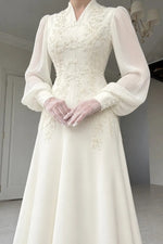 Embroidered V-Neck Gown with Bishop Sleeves