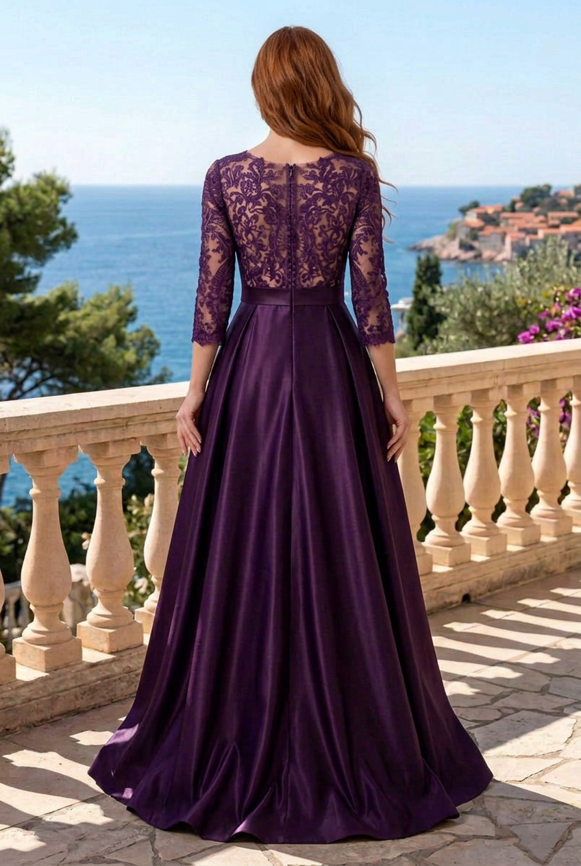 Lace Bodice Pleated Satin A-Line Evening Gown