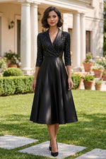 Sequin Shawl Collar Midi A-Line Dress