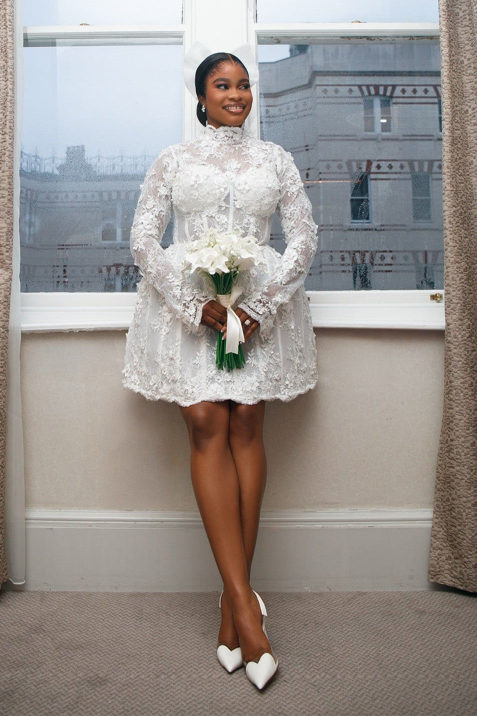 High Neck Lace Mini Wedding Dress with Long Sleeves