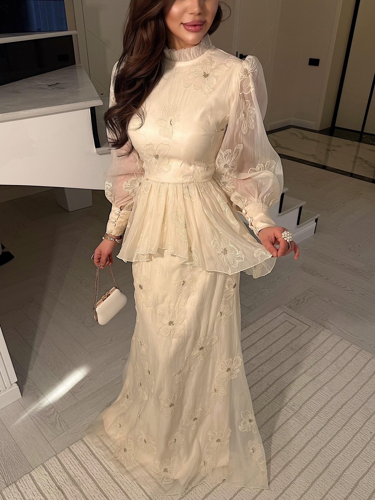 Floral Embroidered High-Neck Bishop Sleeve Gown
