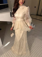 Floral Embroidered High-Neck Bishop Sleeve Gown