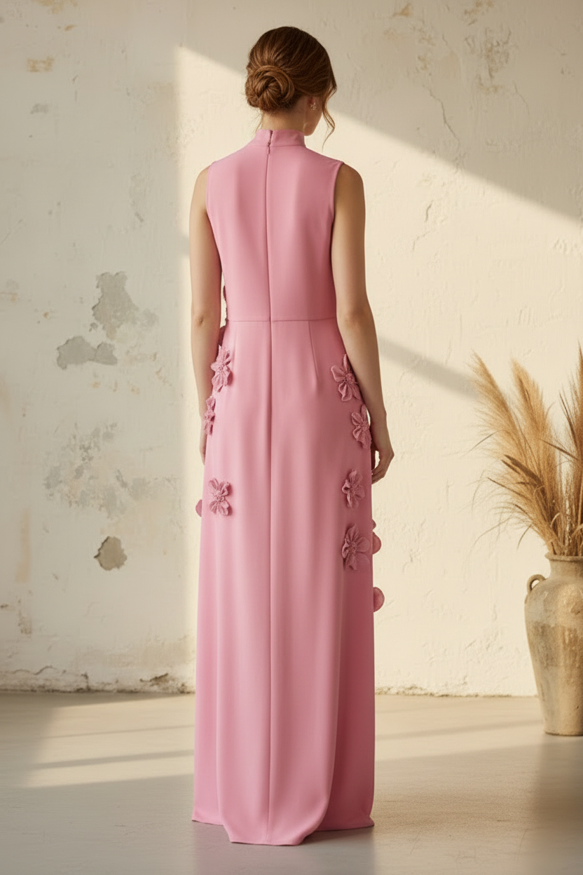 Elegant Pink High Neck Sleeveless 3D Floral Column Gown