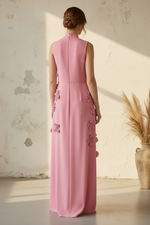Elegant Pink High Neck Sleeveless 3D Floral Column Gown