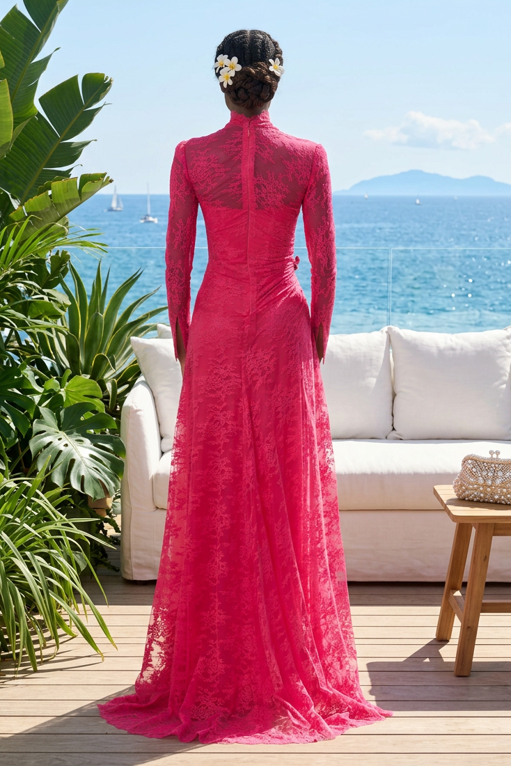 High Neck Lace Gown with Side Slit