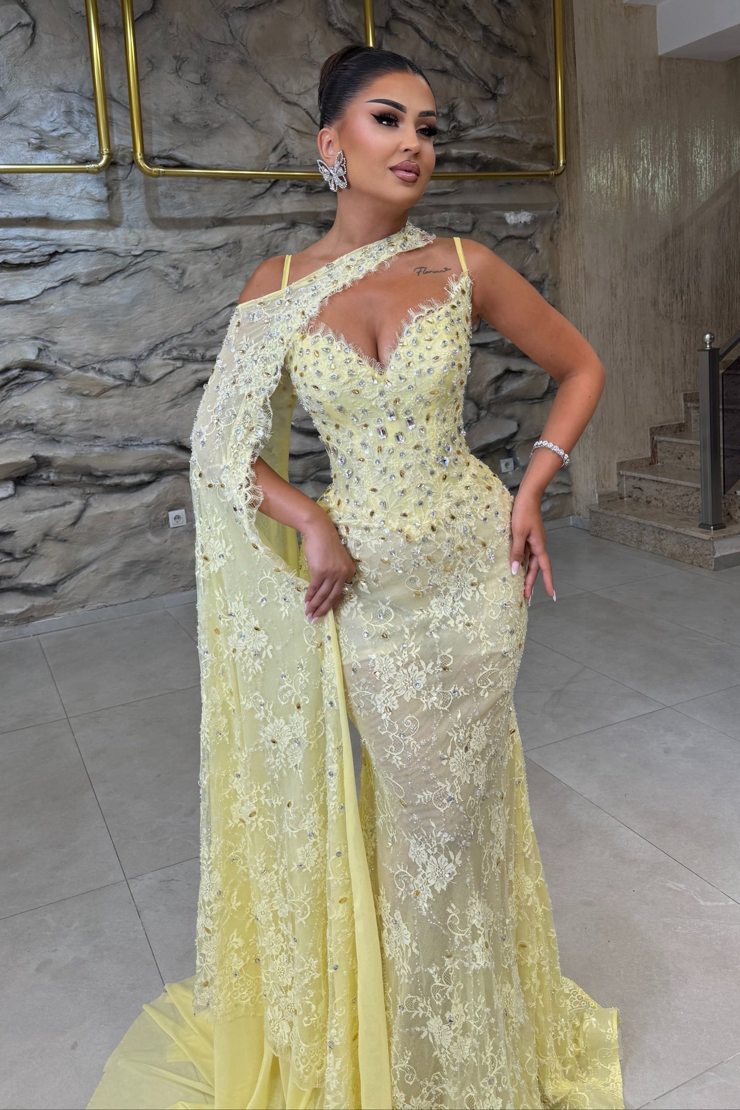 One-Shoulder Embellished Lace Mermaid Evening Gown