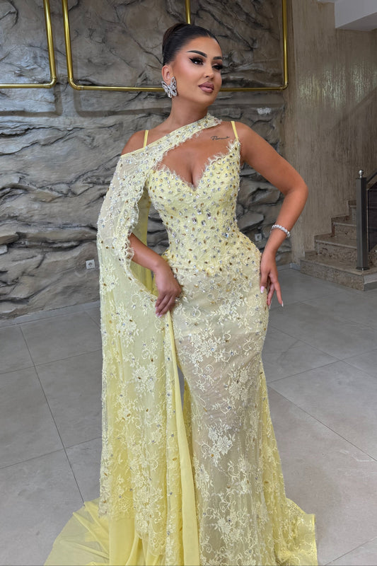 One-Shoulder Embellished Lace Mermaid Evening Gown