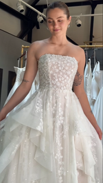 Strapless Floral Lace Tiered Ball Gown Wedding Dress