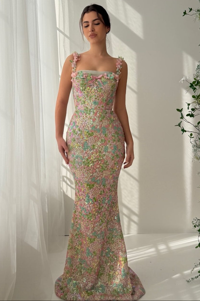 Floral Embellished Mermaid Evening Gown