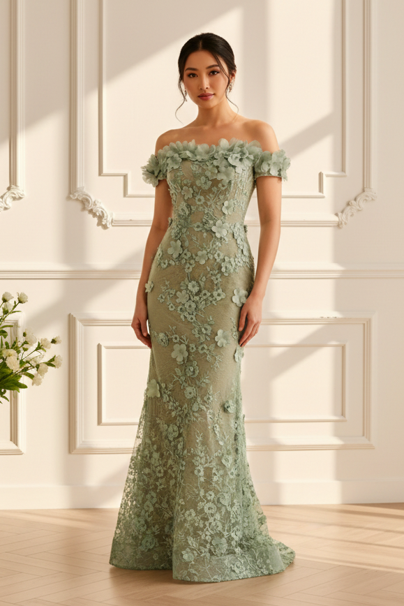Off-Shoulder Floral Lace Mermaid Gown