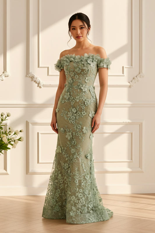 Off-Shoulder Floral Lace Mermaid Gown