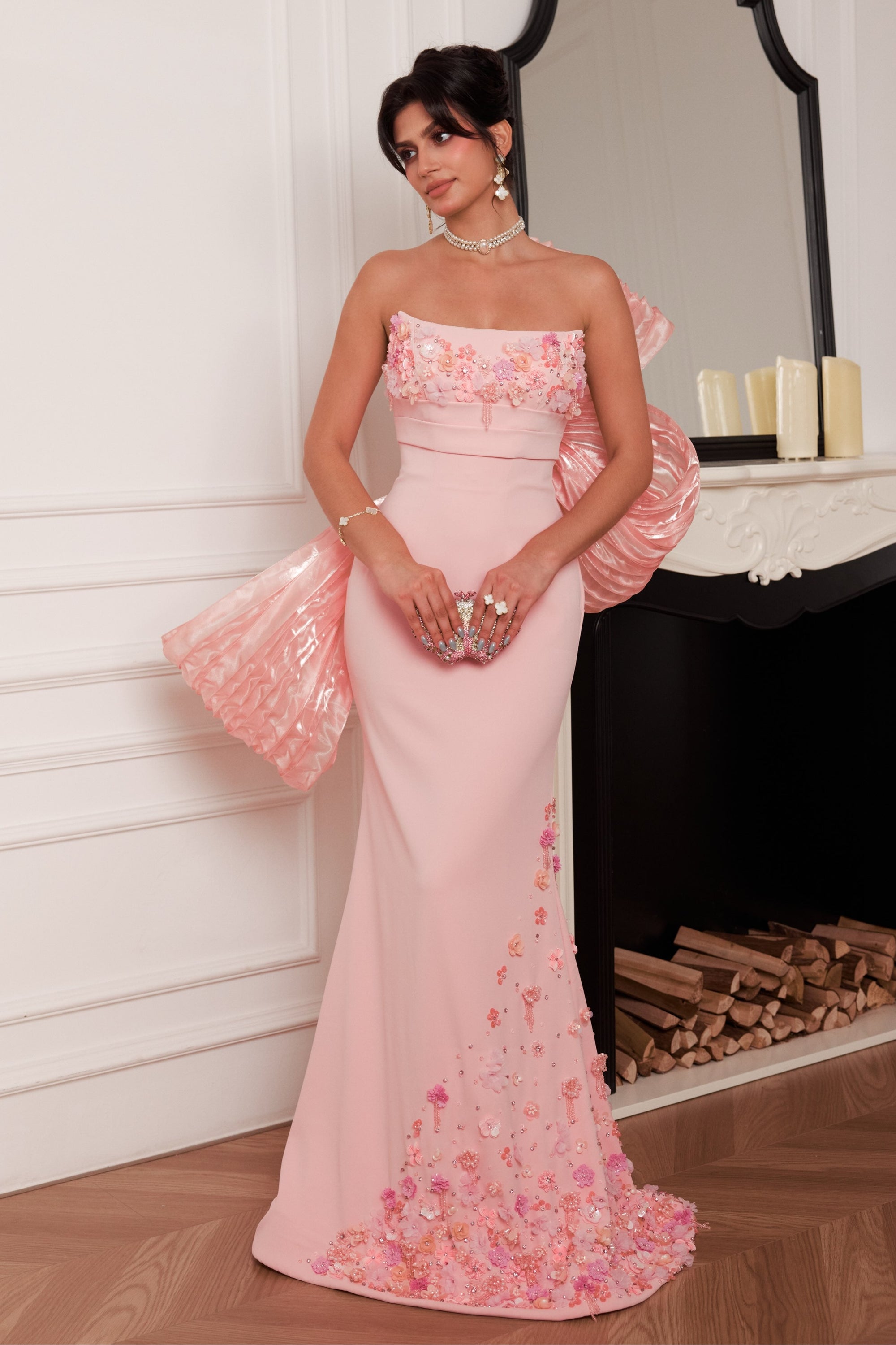 Strapless Floral Applique Gown with Oversized Bow