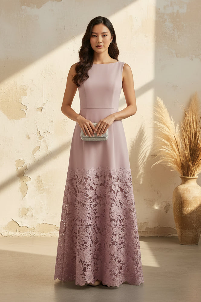 Sleeveless A-Line Maxi Dress with Lace Skirt