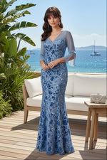 Floral Sequin Illusion Bell Sleeve Mermaid Gown