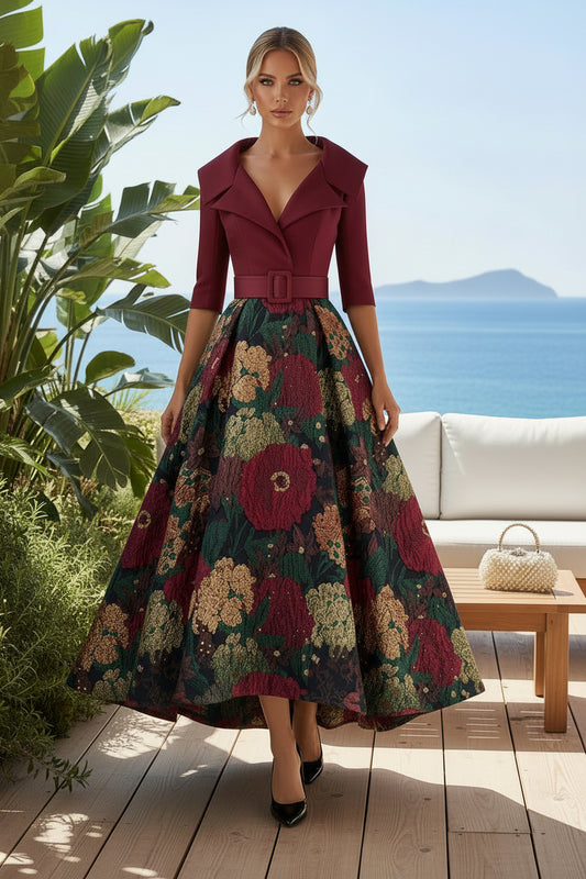 Belted Floral Jacquard A-Line Evening Gown