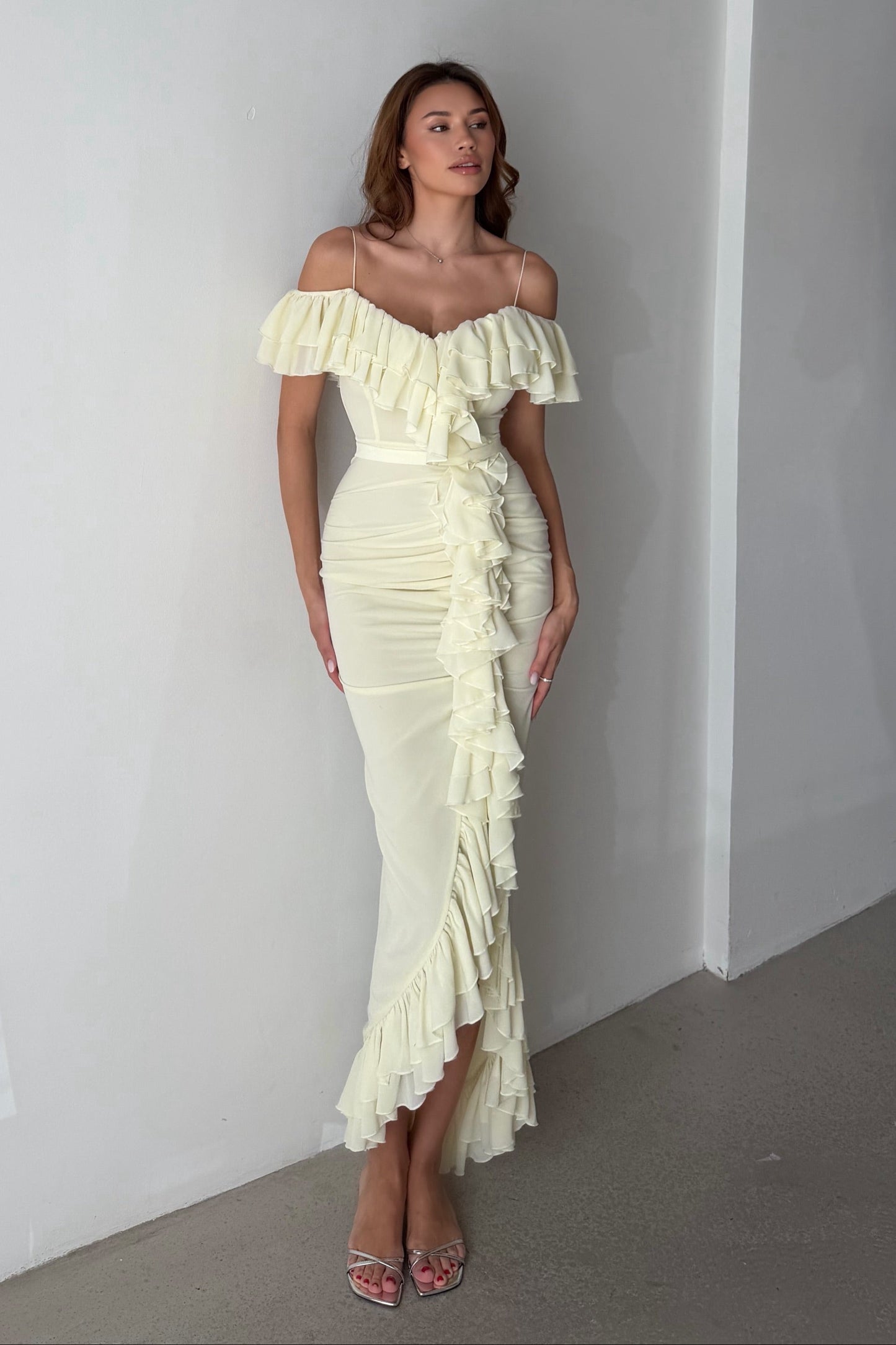 Off-the-Shoulder Ruched Ruffle Maxi Dress