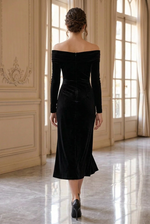 Off-the-Shoulder Ruched Velvet Midi Dress