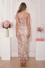One-Shoulder Sequin Floral Column Dress