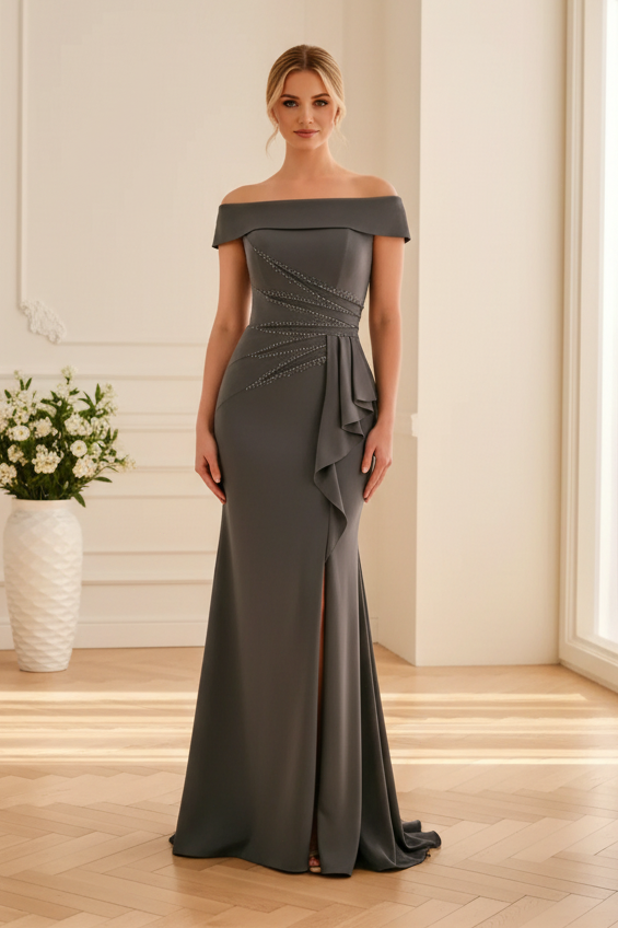 Off-Shoulder Beaded Mermaid Evening Gown