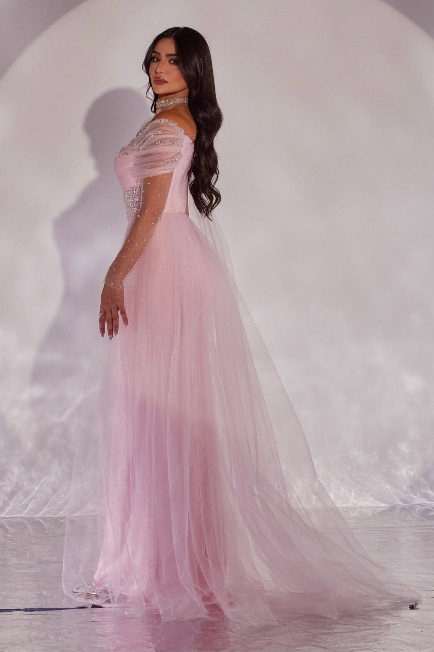 Tulle A-Line Evening Gown with Beaded Waist
