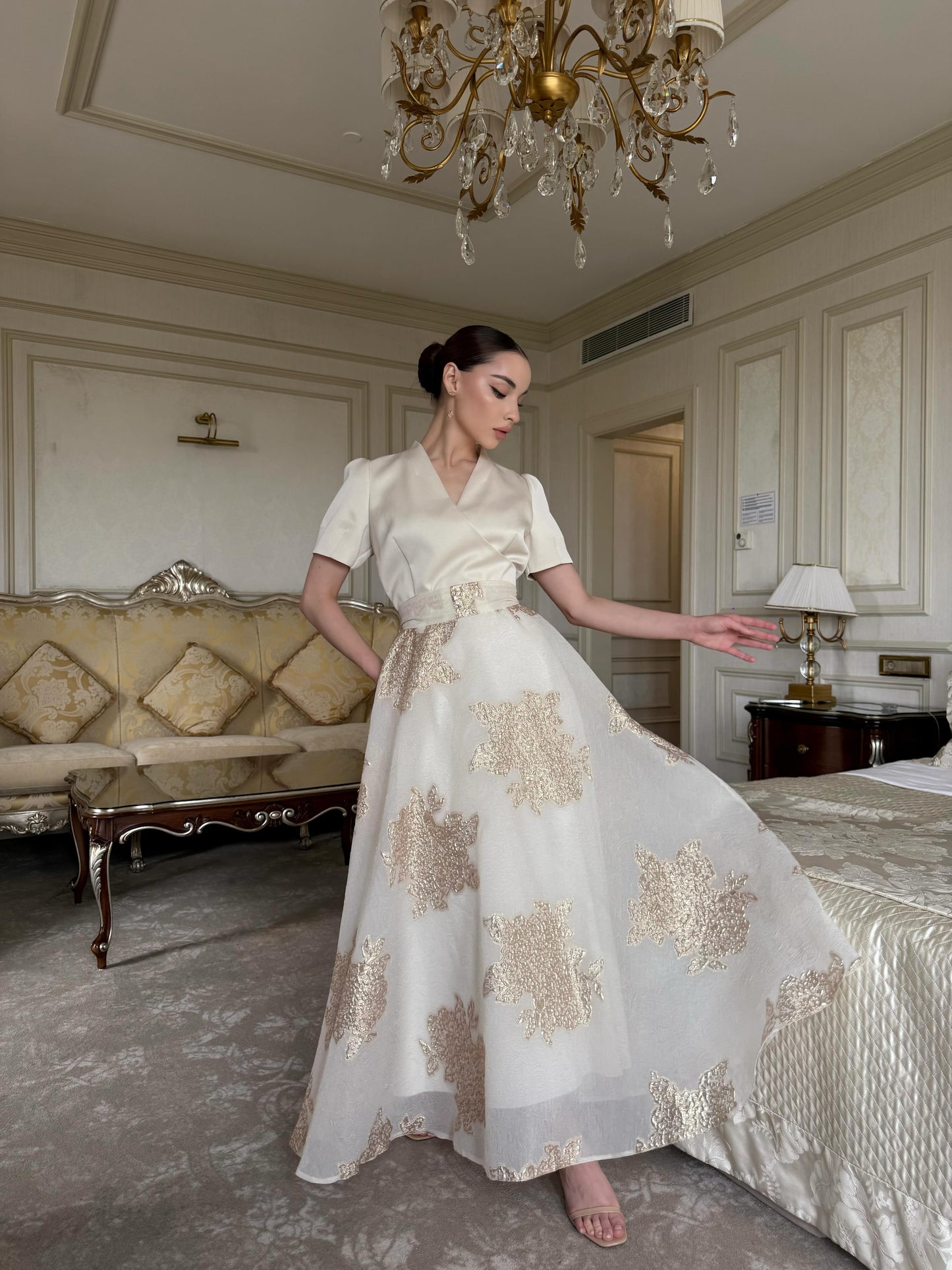 A-Line Wrap Bodice Midi Dress with Floral Appliques