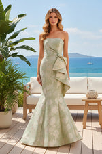 Strapless Jacquard Mermaid Gown with Side Ruffle