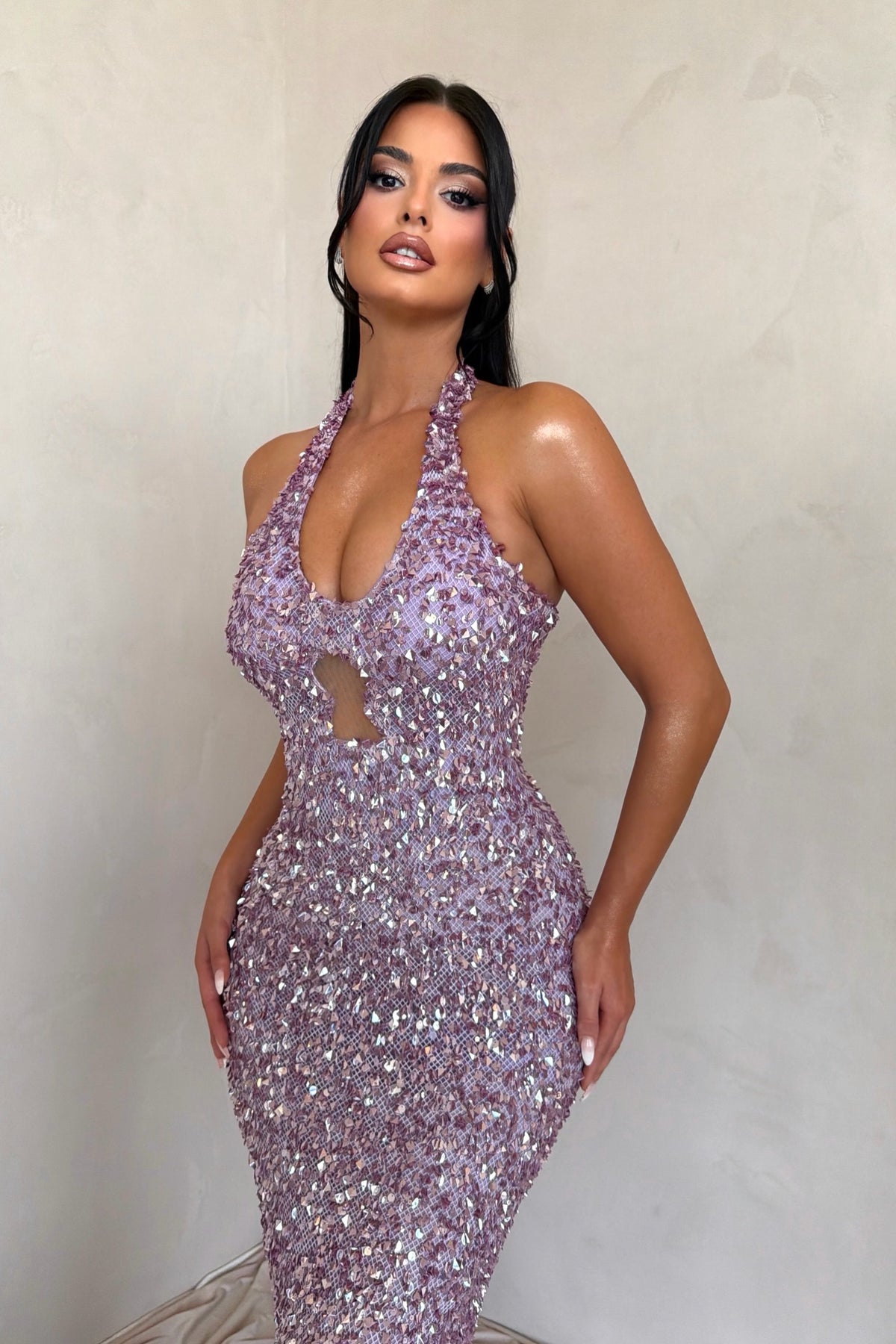 Sequin Halter Mermaid Gown with Keyhole Cut-Out