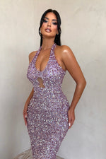 Sequin Halter Mermaid Gown with Keyhole Cut-Out