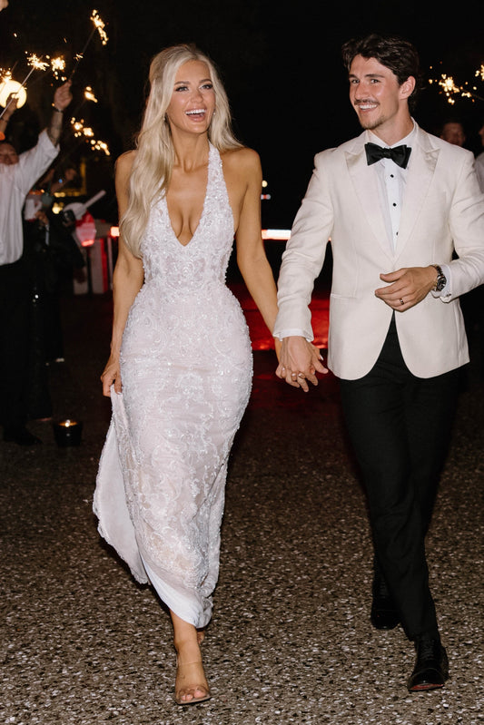 Deep V-Neck Lace Mermaid Wedding Dress with Train