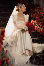 Satin Wedding Dress with Puff Short Sleeves