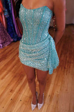 Strapless Corset Sequin Mini Dress with Side Drape