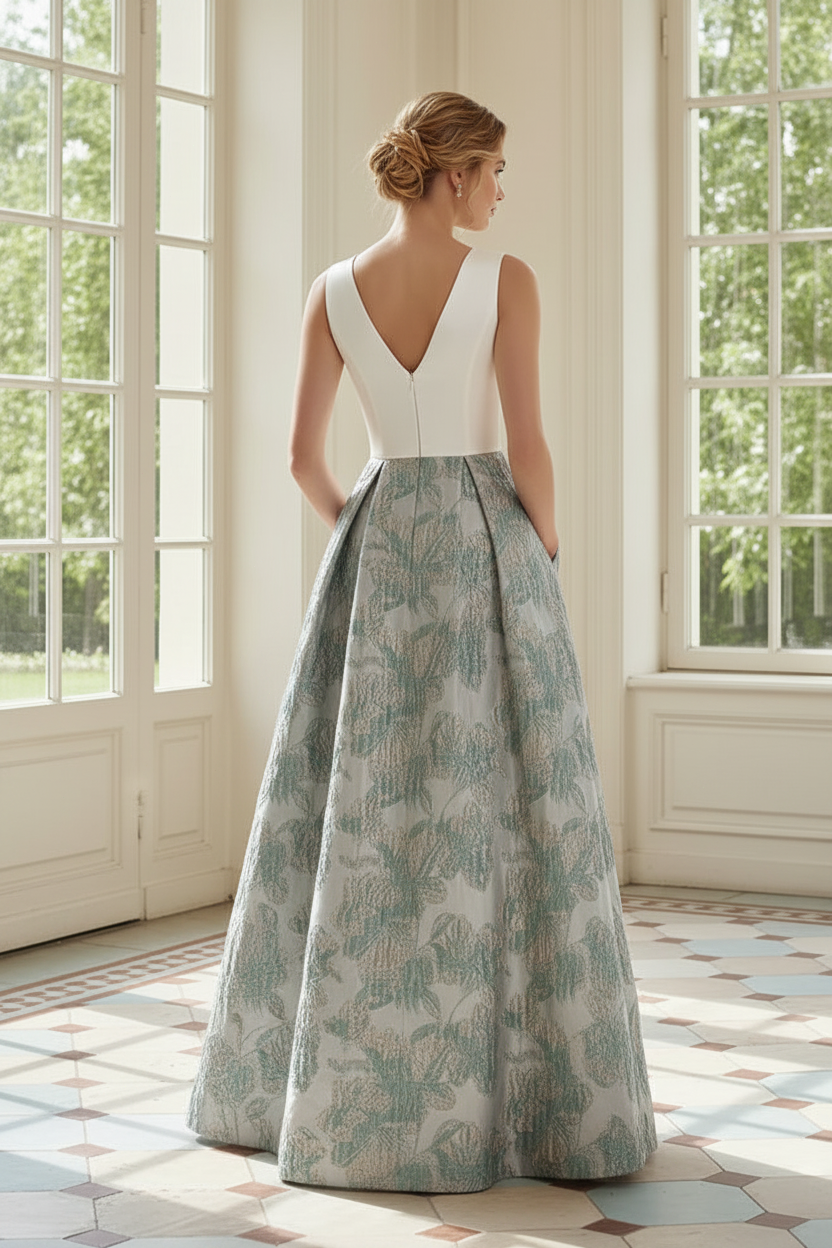 Plunging V-Neck Jacquard A-Line Gown with Pockets