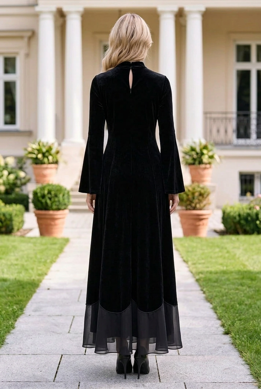 Velvet Maxi Dress with Bell Sleeves and Sheer Hem