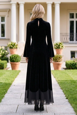 Velvet Maxi Dress with Bell Sleeves and Sheer Hem