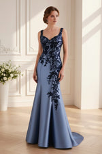 Beaded Lace Applique Satin Trumpet Evening Gown