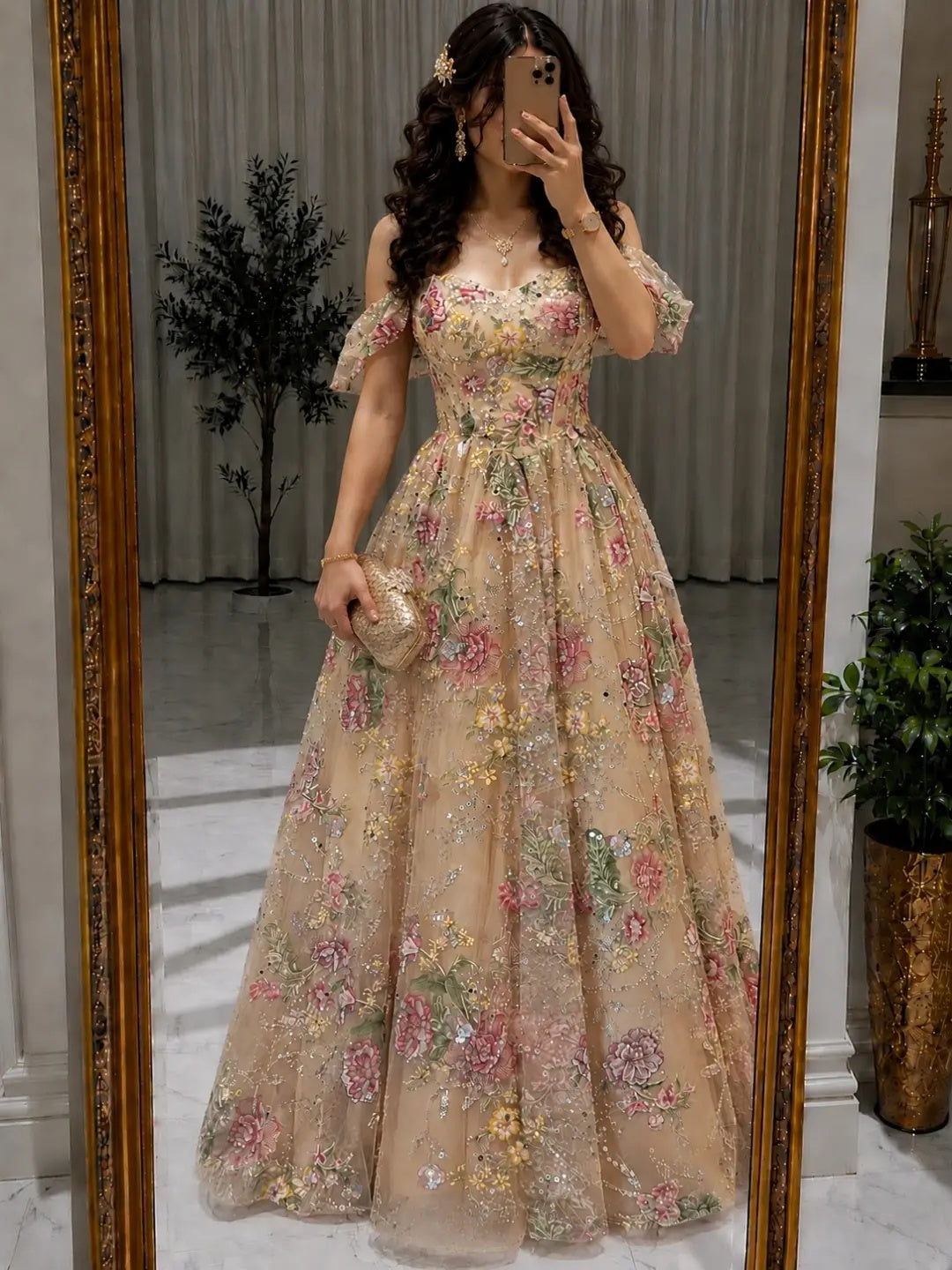 Off-the-Shoulder Floral Embroidered A-Line Gown