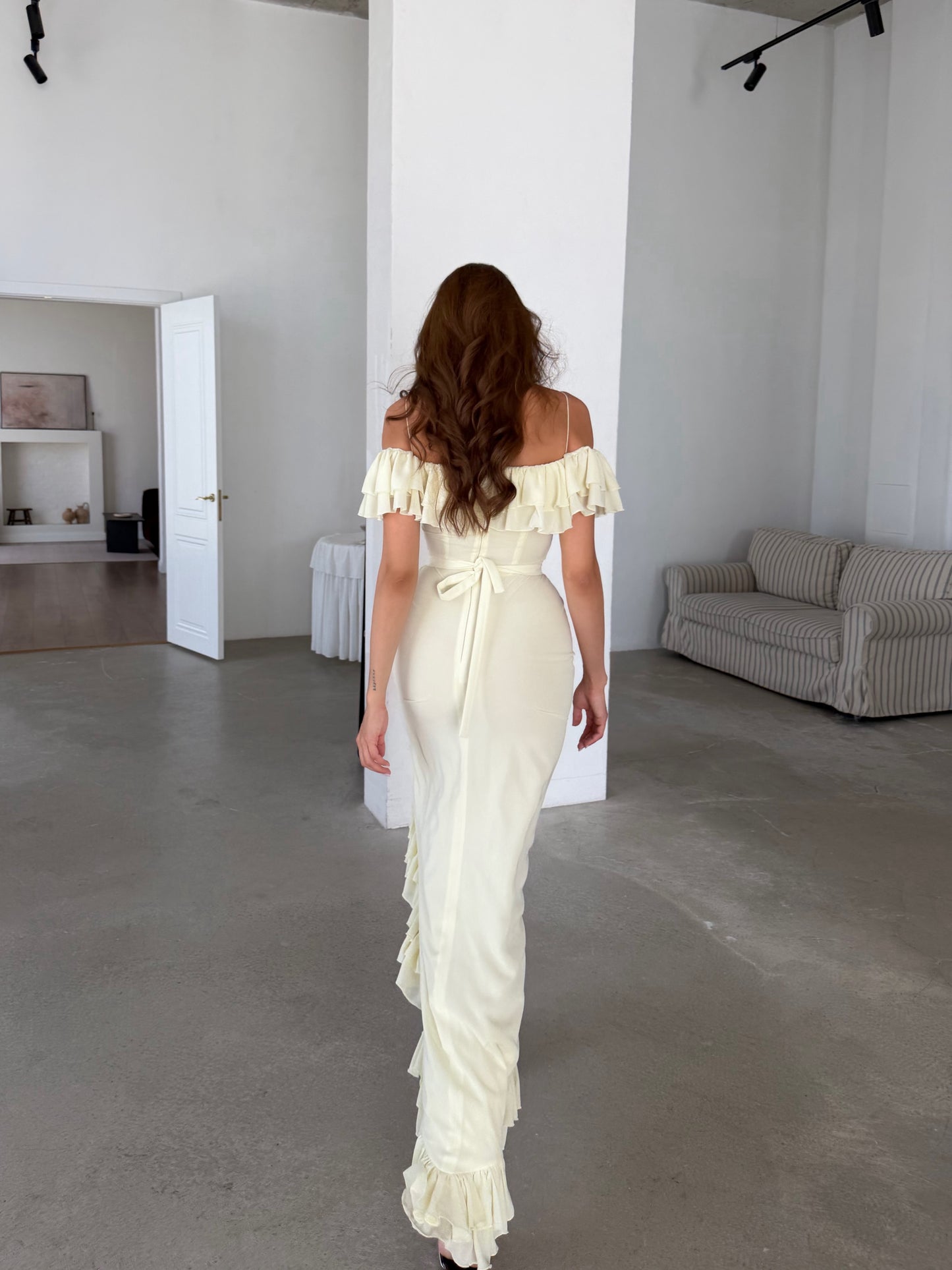 Off-the-Shoulder Ruched Ruffle Maxi Dress