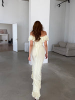 Off-the-Shoulder Ruched Ruffle Maxi Dress