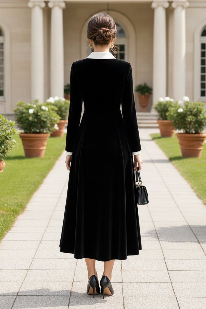 Collared Button-Front Velvet Midi Dress